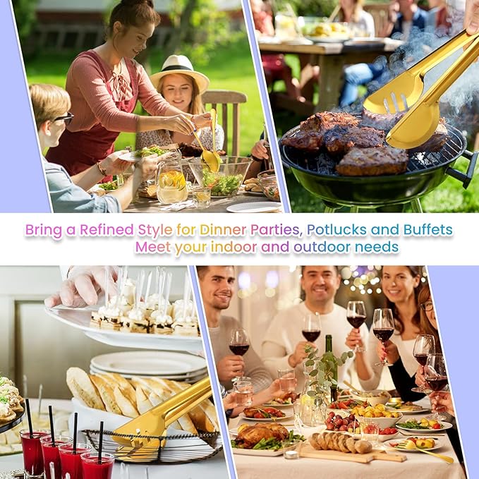 Patelai 15 Pieces Christmas Stainless Steel Gold Serving Utensils Set 8.7" Large Spoons and Slotted Spoon 9.45" Tong 9" Forks Flatware Wedding Party Buffet Banquet Cooking Kitchen Catering