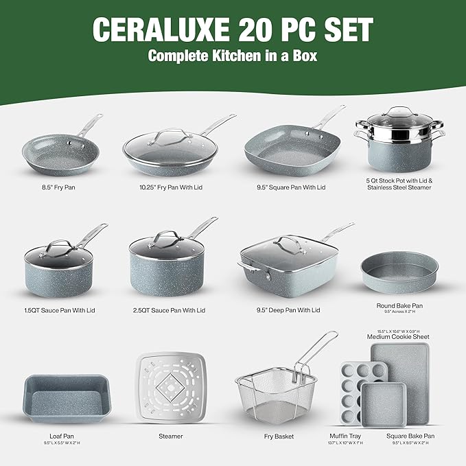 Granitestone Ceraluxe 20 Pc Ceramic Cookware Set Nonstick, Complete Pots and Pans Set Non Stick with 5 Pc Bakeware Set, Deep Frying Pan Set, & Steamer, Non Toxic PFOA Free, Oven & Dishwasher Safe