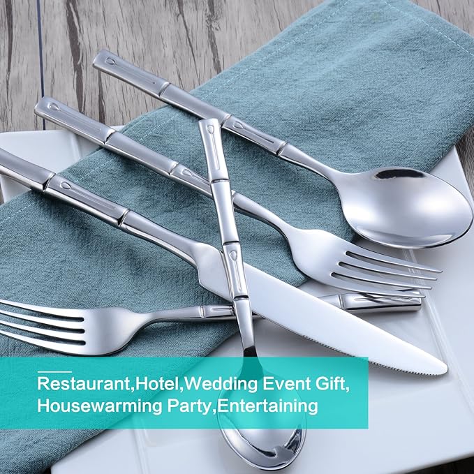 Silverware Set Stainless Steel Flatware Set 40 Pieces Cutlery Set Bamboo Handle Mirror Finished for Home Kitchen Restaurant Hotel Cutlery Set Service for 8