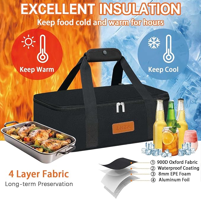 LHZK Insulated Casserole Carriers for Hot or Cold Food, Lasagna Holder Tote for Potluck Parties, Beach, Picnic, Travel, Fits 11x15 or 9x13 Dish (Black)