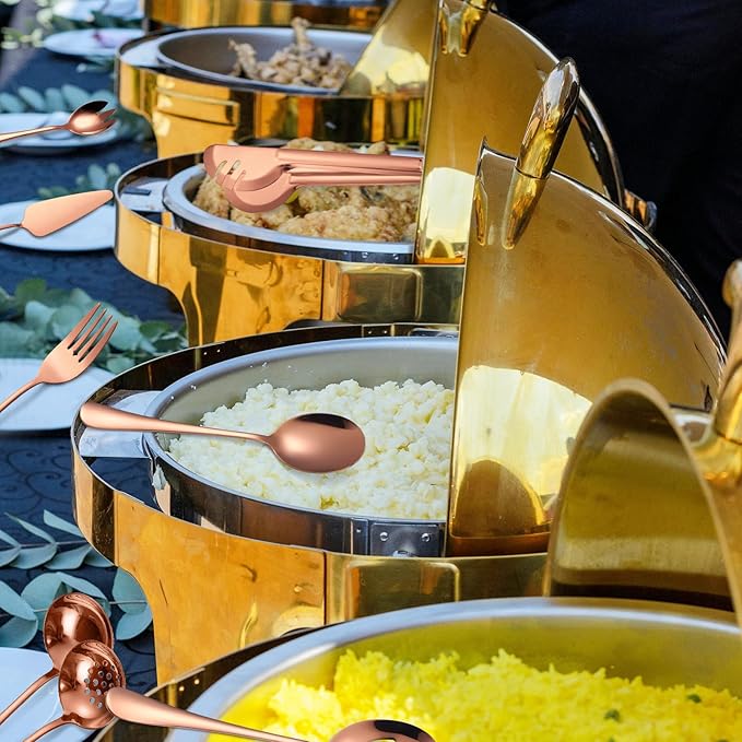 Rose Gold Serving Utensils Set 10 Pieces Copper Stainless Steel Catering Silverware Flatware Buffet Restaurant Banquet Include Fork Big Spoon Hostess Ladle Spatula Food Tong Cheese knife