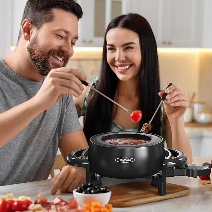 Sunvivi Electric Fondue Pot Set for Melting Chocolate Cheese, 3 Quart Fondue Set with Adjustable Temperature Control and 8 Color-Coded Forks, 1000W Non-Stick Fondue Maker for Dessert, Oil and Broth