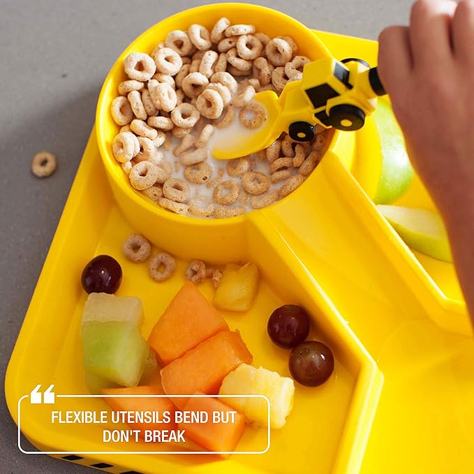 Dinneractive Dining Set For Kids - 3 PC Construction Themed Dinnerware - Tractor Utensils - Toddler Plates - Baby Dishes