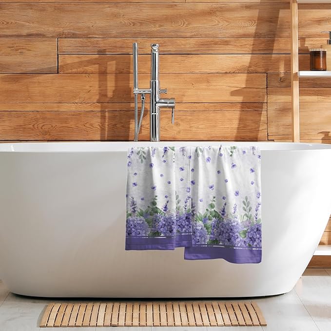 Imiss Purple Hydrangea Floral Hand Towels for Bathroom Set of 2, Watercolor Lavender Flowers Green Leaf Decor Face Bath Towels 14.4 x 28.3 Inch Seasonal Kitchen Dish Cloth for Hotel, Spa, Gym, Yoga