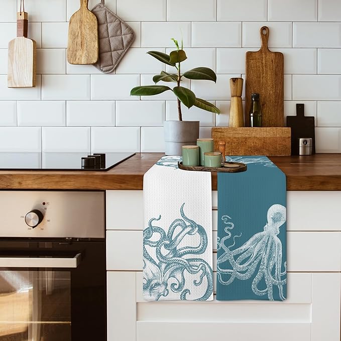 Aqua Teal Coastal Octopus Decor Dish Hand Tea Towels for Bathroom Kitchen, Octopus Ocean Nautical Beachy Bathroom Decor, Coastal Nautical Kitchen Towels and Dishcloths Sets of 2, 16x24 Inch