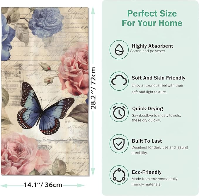2 Pack Hand Towels for Bath, Rose Flower with Butterfly Decorative Kitchen Towels Highly Absorbent Soft Towels for Bathroom Beach Spa Gym Face Towel 14x28 Inch