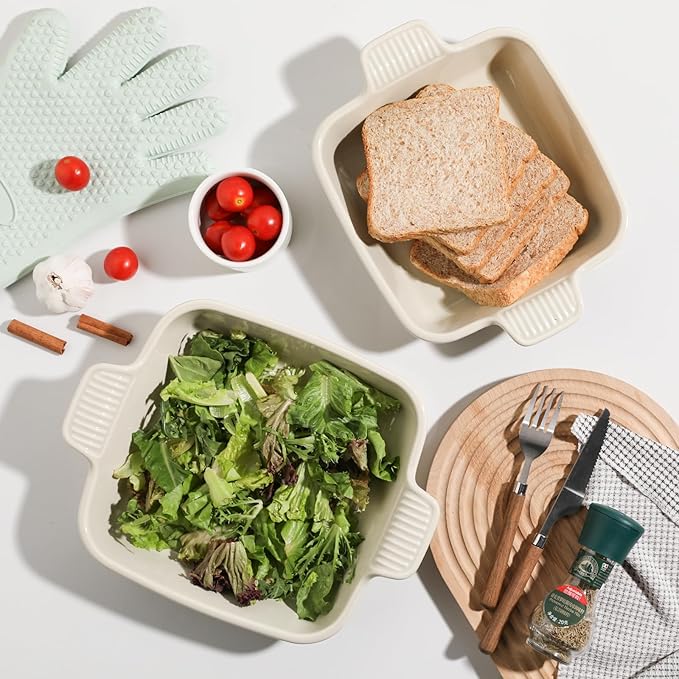 Sweejar Ceramic Baking Dish, 8 x 8 Cake Baking Pan for Brownie, Porcelain Square Bakeware with Double Handle for Casserole, Lasagna, Family Dinner (Beige)