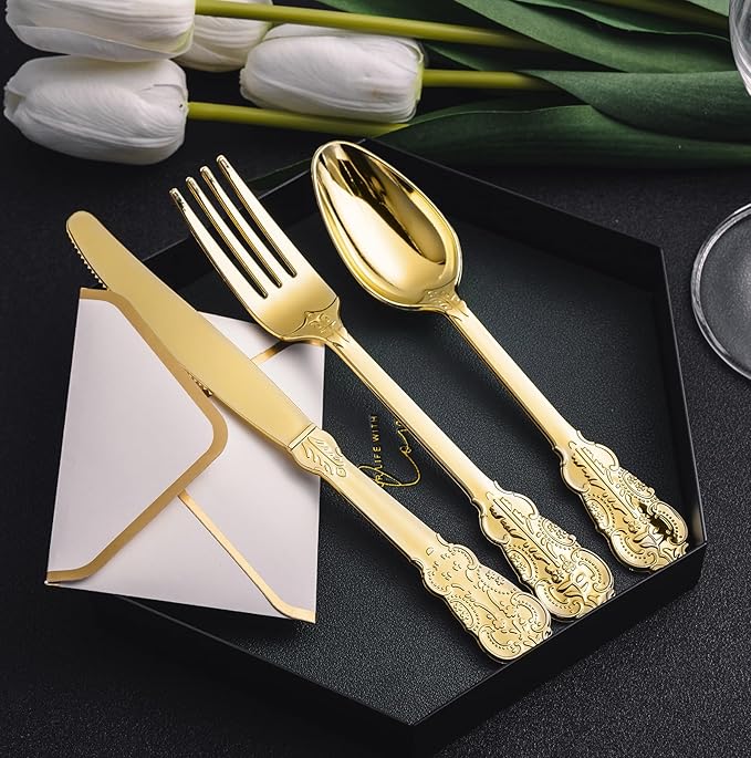 N9R 120PCS Gold Plastic Silverware, Disposable Silverware Include 40 Forks, 40 Spoons, 40 Knives, Gold Cutlery Set Disposable for Party, Wedding and Daily Use