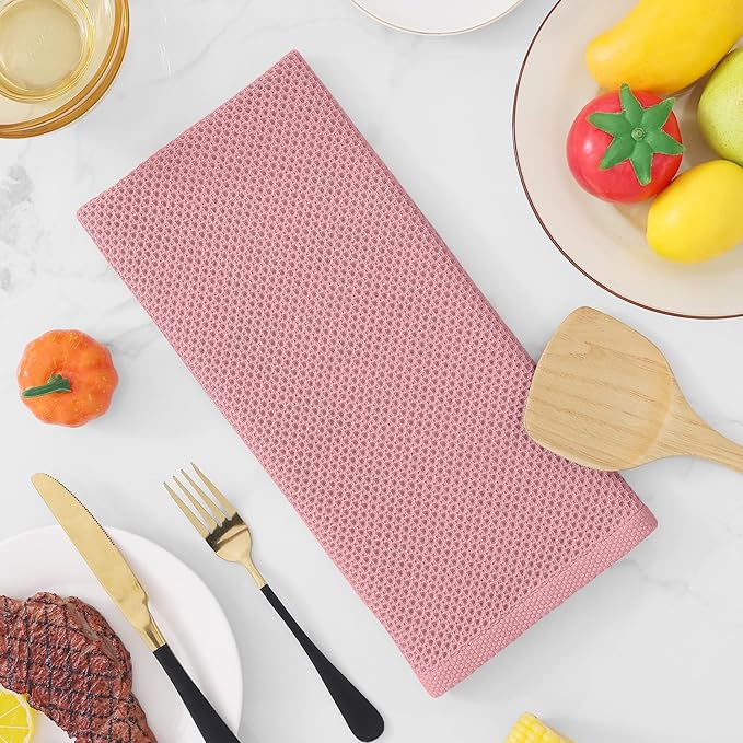 Homaxy 100% Cotton Waffle Weave Kitchen Dish Towels, Ultra Soft Absorbent Quick Drying Cleaning Towel, 13 x 28 Inches, 12-Pack, Dried Rose