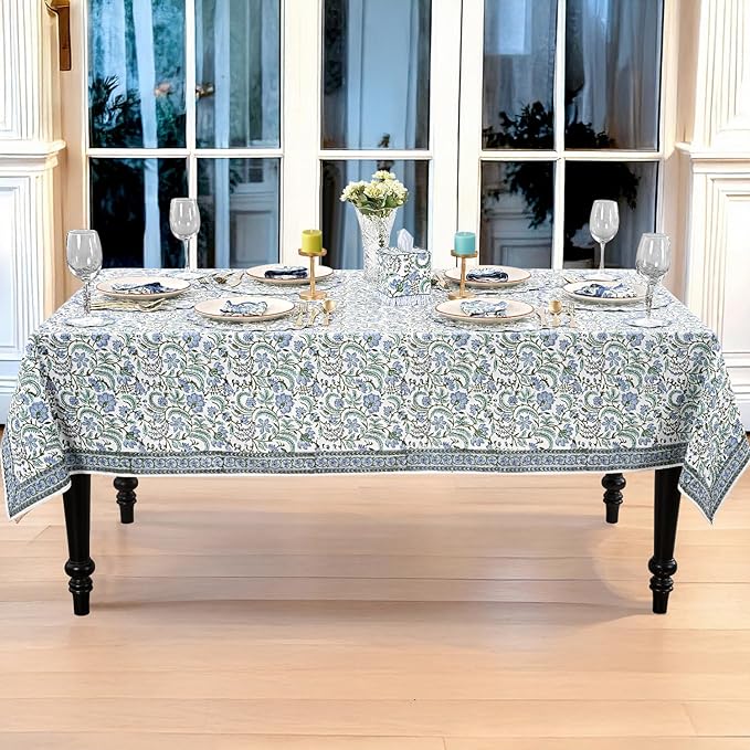 Ridhi Columbia Blue Hand Block Print Cotton Rectangle Tablecloth 190" x 72" inches Reusable Table Cover Decorative Everyday Use for Dining, Farmhouse, Home, Party, Festive, Wedding, Fall