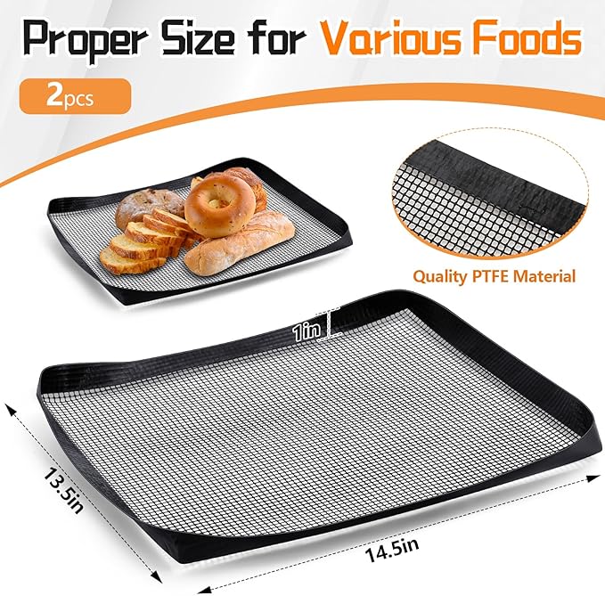 2 Pcs 14.5 x 13.5 Inch Ptfe Solid Oven Basket Non Stick Cooking Basket Cooking Trays for Quick Oven Accessories Baking Chips Chicken Wings Bread Heating