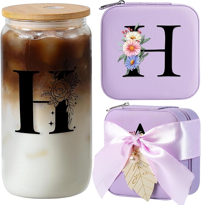 AYGXU Birthday Gifts for Women,Initial Glass Cup,Cute Tumbler Cup,bamboo lids for glass cups,Travel Jewelry Organizer,Teen Girls Gifts for Teenage Girls Birthday,Initial H purple