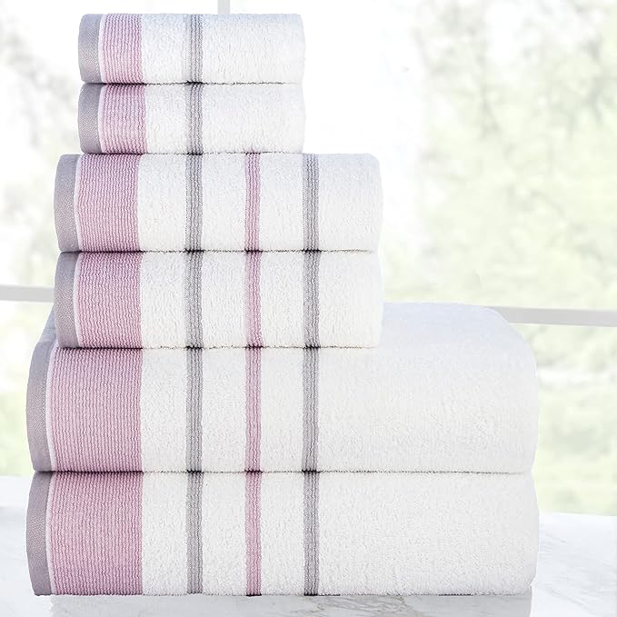 CASA COPENHAGEN White Bay, 6 Pieces Towel Set- White with Lavender and Grey Border, 600 GSM, 2Bath, 2Hands, 2Washcloths Egyptian Cotton Towel for Hotel Spa Kitchen Bathroom Kitchen & Shower
