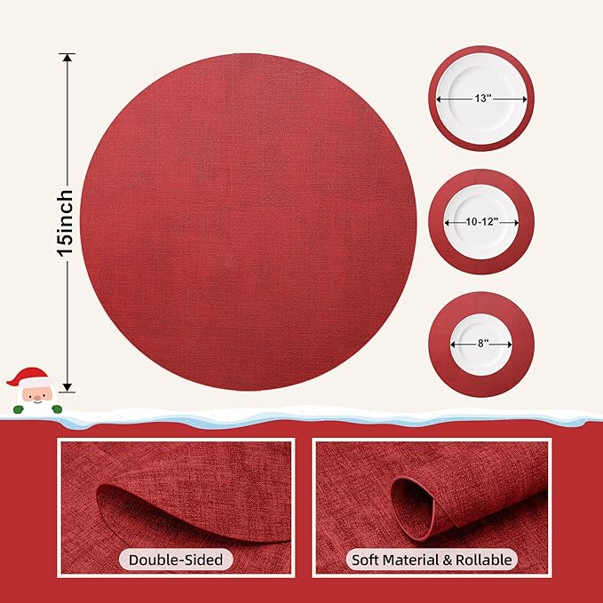 15 inch Faux Leather Round Placemats Set of 4 Non-Slip Washable Wipeable Table Mats, Heat Resistant Waterproof Oilproof Red Place Mats for Christmas, Kitchen, Dining, Party, Outdoor