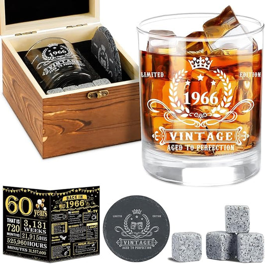 YeohJoy 60th Birthday Gifts for Men,Vintage 1966 Whiskey Glass Set,Wood Box & 1966 Poster Anniversary Card &Whiskey Coaster & Stones,Bday Gifts Ideas for Him, Dad, Husband
