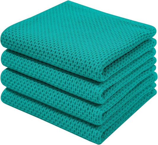 Homaxy 100% Cotton Waffle Weave Kitchen Dish Towels, Ultra Soft Absorbent Quick Drying Cleaning Towel, 13 x 28 Inches, 4-Pack, Teal