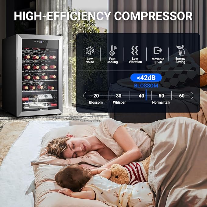 AAOBOSI 17 Inch Wine Cooler, 24 Bottles Wine Fridge, Wine Refrigerator Small with LED Display Light, Freestanding Wine Cellar with Low Noise Compressor, Adjustable Shelves