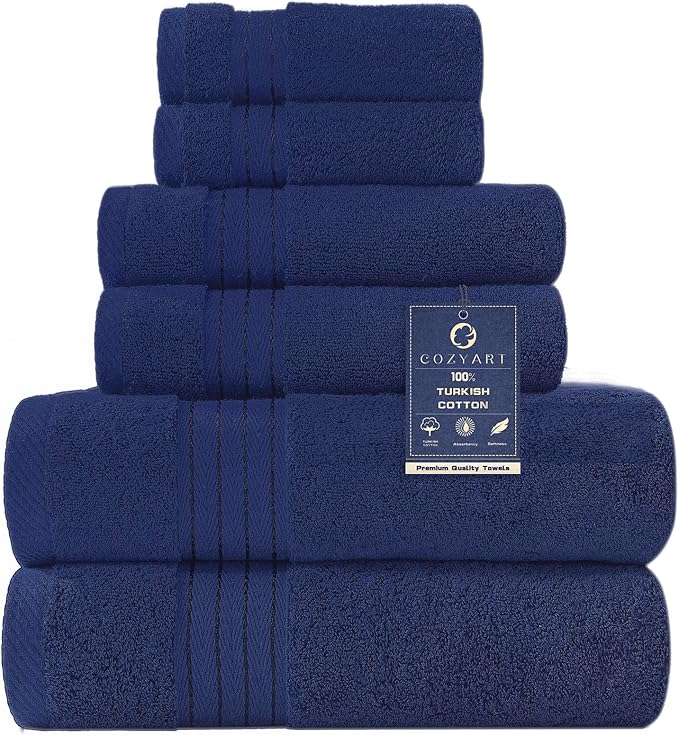 COZYART Navy Blue Bath Towel Set, Turkish Cotton Hotel 6 Piece Towel Sets for Bathroomof 6 with 2 Bath Towels, 2 Hand Towels, 2 Washcloths, 650 GSM