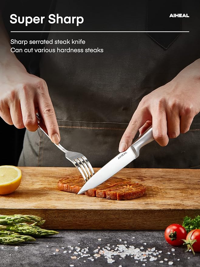 Aiheal Steak Knives, Stainless Steel Steak Knives Set of 8, Never Needs Sharpening Dinner Steak Knife Set, Sharp Micro Serrated Knives