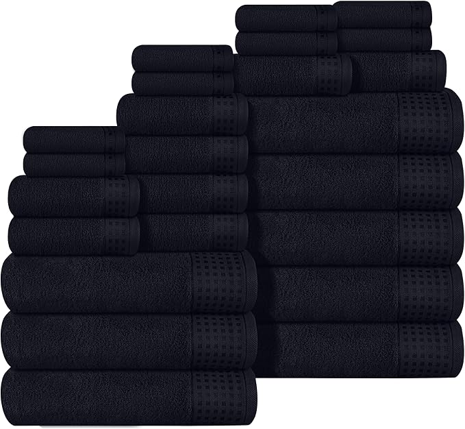 GLAMBURG Towels for Bathroom, 100% Cotton Towel Set, Contains 8 Soft Bath Towel, 8 Hand Towels, 8 Wash Cloths - Compact Absorbent Lightweight & Quickdry - 24 Piece Bathroom Towel Set - Black