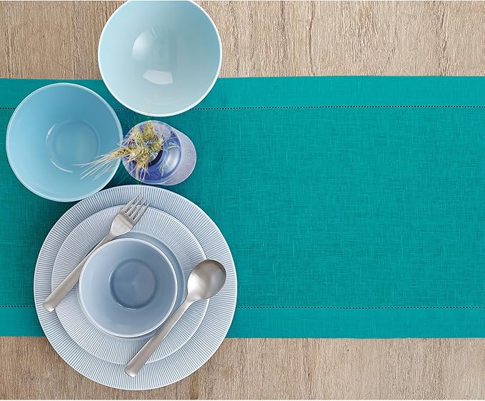 Solino Home Linen Table Runner 60 Inches - 100% Pure Linen Teal Hemstitch Table Runner 14 x 60 Inch Ideal for Dresser and Coffee Tables - New Year - Classic Hemstitch