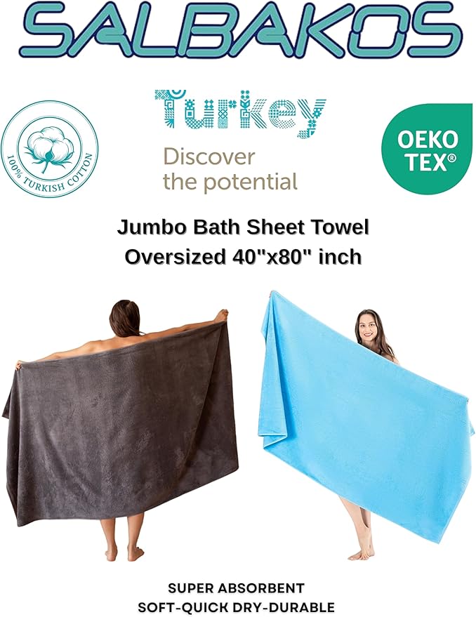 SALBAKOS 100% Turkish Cotton Jumbo Bath Sheet Towel Oversized 40x80 inch | Premium Hotel & Spa Quality, Soft, Absorbent, XL Bath Towels | Made in Turkey (Pack of 1, Aqua, Jumbo Bath Sheet)