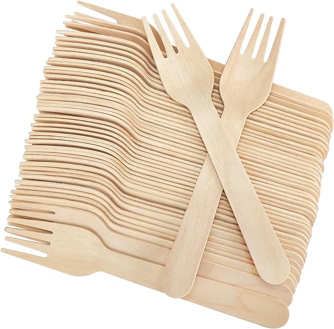 LotFancy Forks Disposable, 100 Pcs Wooden Forks, 6.2inch, Compostable Biodegradable, Great for Camping Picnics Dinner, Party Supplies