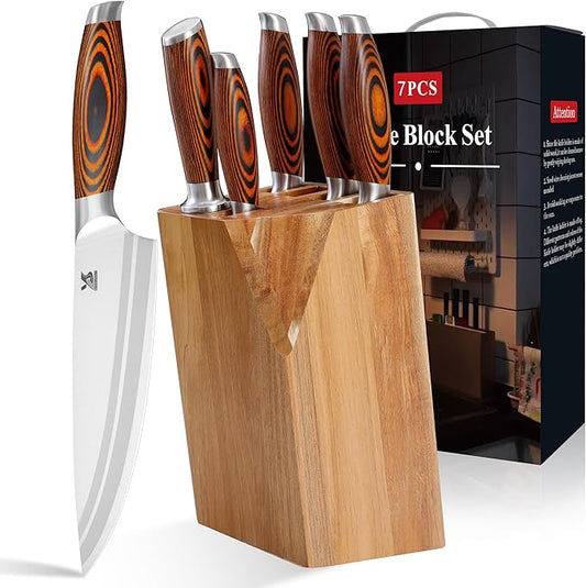 MSY BIGSUNNY 7pcs Knife Block Set, German Steel Chef Knife Set, Precious Pakkawood Handle for Kitchen Knife Block Set
