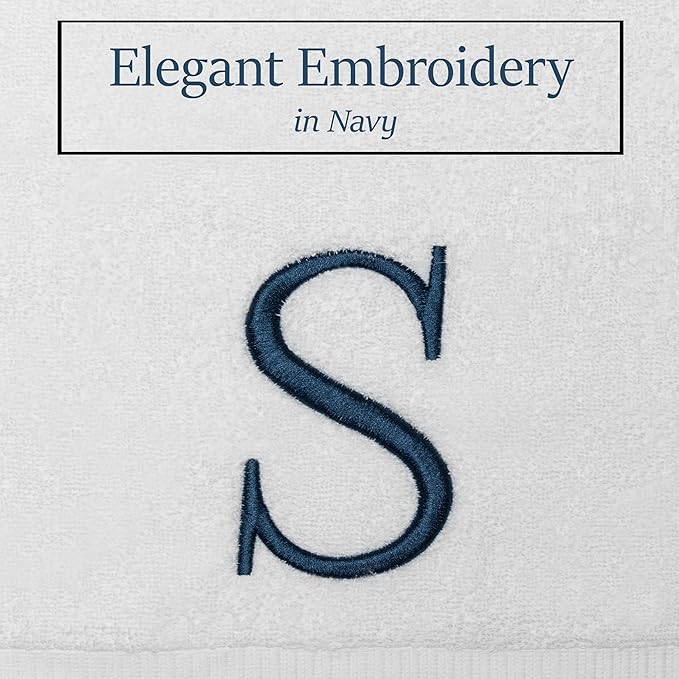 Monogrammed Hand Towels for Bathroom - Luxury Hotel Quality Personalized Initial Decorative Embroidered Bath Towel for Powder Room, Spa - GOTS Organic Certified - Set of 2 Navy Letter S