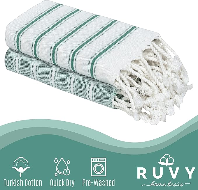 Ruvy Home Basics Turkish Hand Towels for Bathroom Set of 2 | 18"x40", Cotton | Decorative Towel for Bathroom, Kitchen, Dishcloth, Tea, Yoga, Face, Gym - Green
