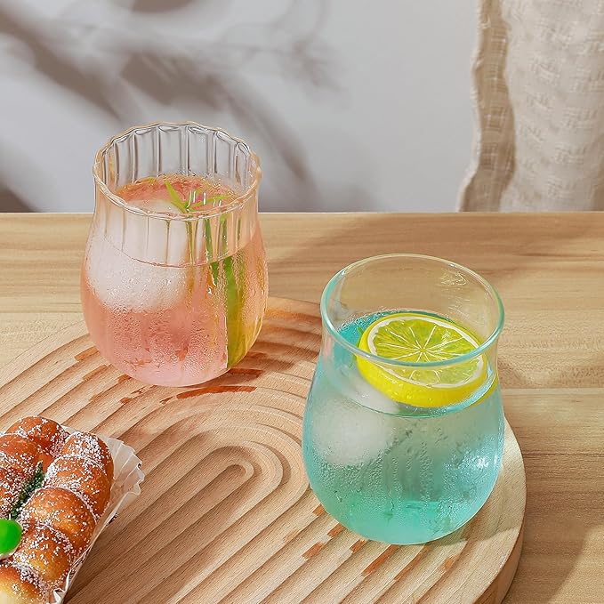 Koythin 2-Piece Ribbed Glass Cups, Vintage Drinking Glassware for Iced Coffee Juice Cocktails Milk Tea Beer, 10 oz/300 ml Cute Bubble Cup with Rounded Shape (Oval Tulip)