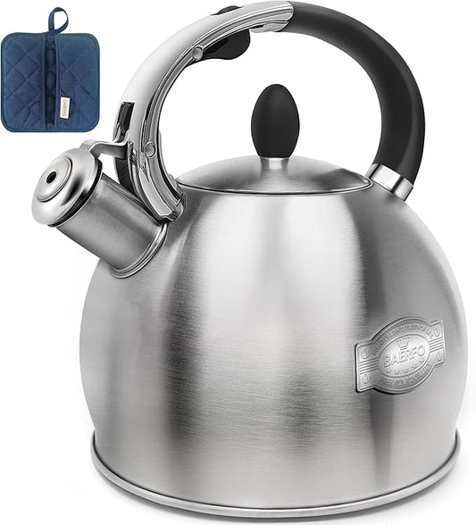Stainless Steel Tea Kettle, Tea Kettles Stovetop, Vintage Whistling Teapot for Stove, Durable and Rust-Resistant, with a Pot Holder Included, 2.64 Quart (Brushed)