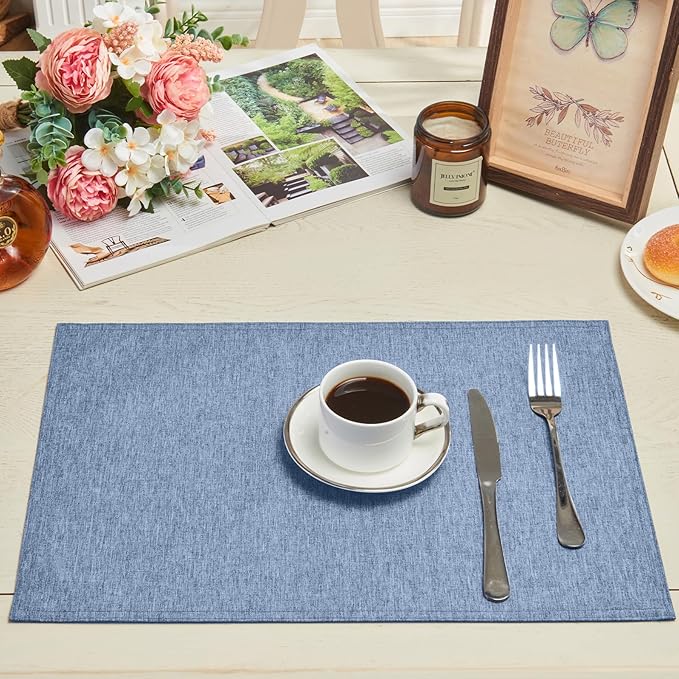 Cloth Place Mats Set of 8–Reusable Rectangular Waterproof Fabric Polyester Washable Wipeable Heat Resistant Linen for Kitchen Dining Dinner Restaurant Wedding Table(Denim blue/13x19 Inch)