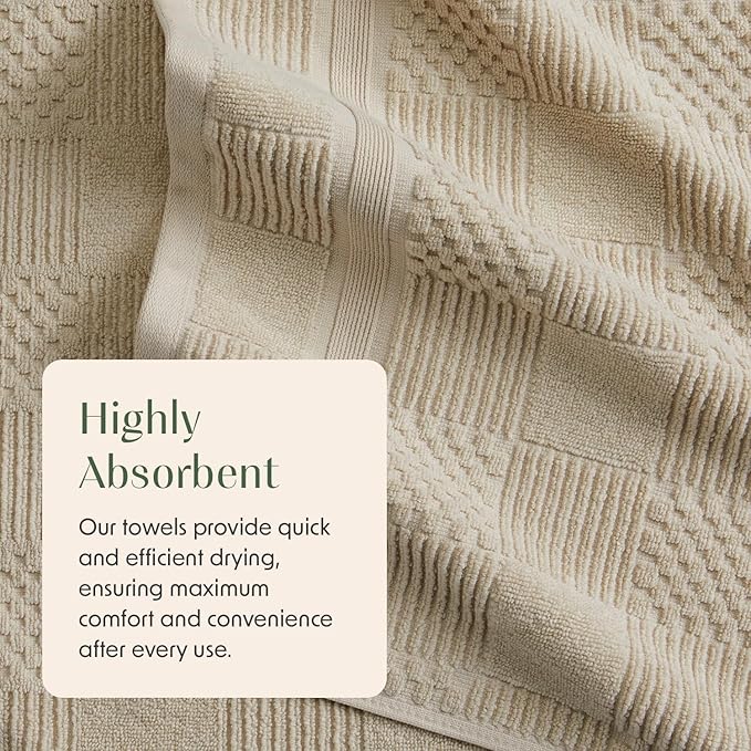 Springtree Home 100% Cotton Bath Towel Set of 4 | Beige Towels | Geometric Textured Design | Absorbent & Quick-Dry | 4 Bath Towels | Oeko-TEX® Standard 100 Cotton | Myla Collection - Sandshell