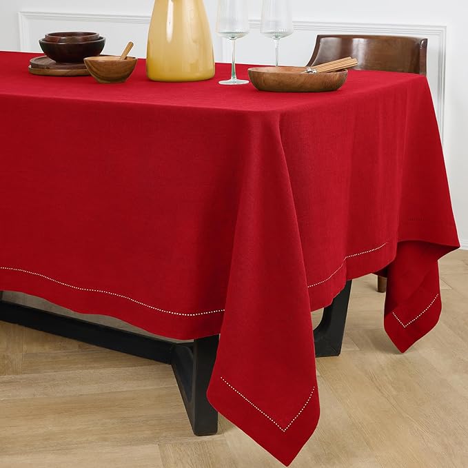 Solino Home Linen Red Tablecloth 70 x 144 Inch - Sonoma Hemstitch, 100% Pure Linen Rectangular Tablecloth - Machine Washable Table Cloth for Valentines, Holiday, Winter, New Year