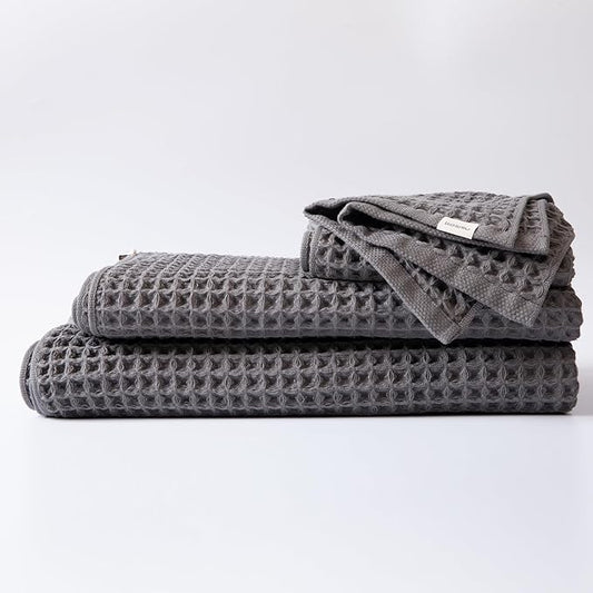 Luxury Organic Japanese Cotton Waffle Bath Towel | Thick, Absorbent, Quick Dry Bathroom Towels for Shower, Sauna, Onsen| Hotel & Spa Quality, Gift-Ready (Smoke Grey, Complete Set (4-Piece))