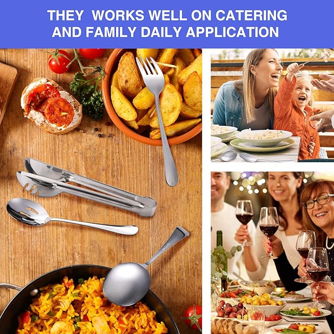 Patelai 8 Pieces Christmas Stainless Steel Silver Serving Utensils Set 8.7" Large Spoons and Slotted Spoon 9.45" Tong 9" Forks Flatware Wedding Party Buffet Banquet Cooking Kitchen Catering