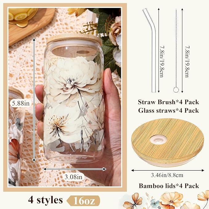 Mumufy 4 Pcs Gift for Women Chinoiserie Flower Glass Cup Tumbler Flower Iced Coffee Mugs 16 oz Glass with Bamboo Lid & Straw, Mothers Day Birthday Gift for Mom Sister Bridesmaid Baby Shower