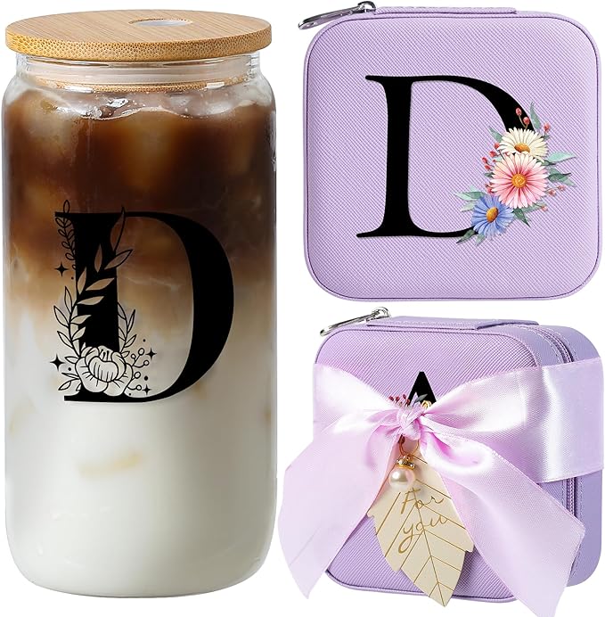 AYGXU Graduation Gifts for girls,teacher appreciation gifts for women,high school Graduation gifts for her,Small Jewelry Travel Case,16oz glass cups with lids and straws,Initial D purple