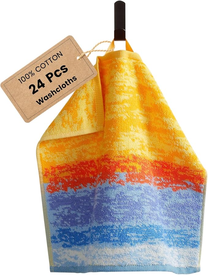 SEMAXE 100% Cotton Washcloths for Bathroom - 24 Pack, Quick-Dry Face Towels with Hanging Loop, Highly Absorbent and Soft, 13x13 Inch, Yellow | Blue