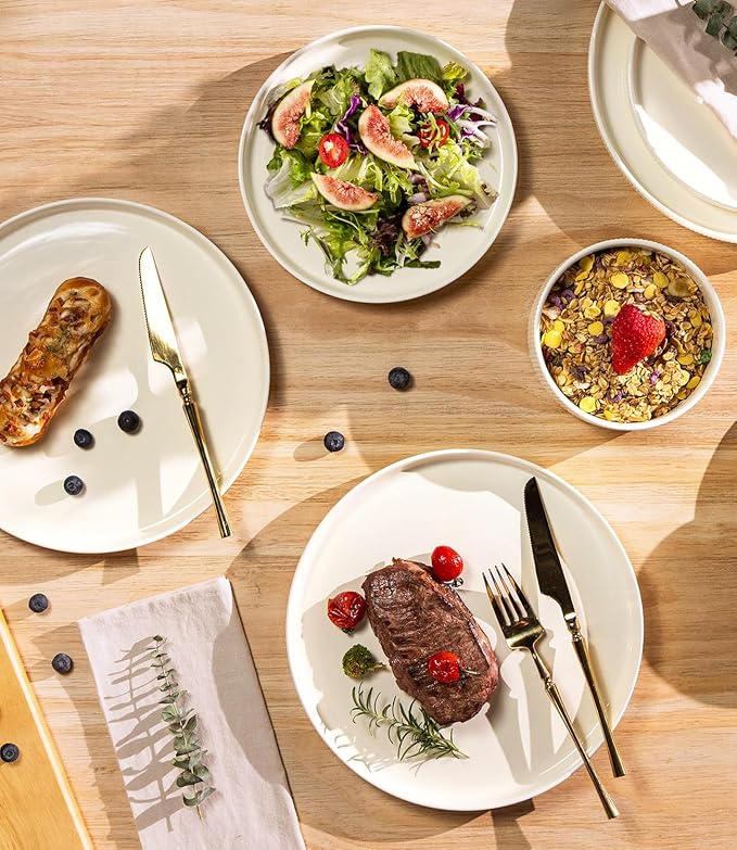 TheTerra Ceramic Dinnerware Sets with Pasta Bowls for 4, 16 Pieces Porcelain Lightweight Speckled Plates and Bowls Sets, Scratch Resistant Dish Set, Oven & Microwave & Dishwasher Safe, Beige