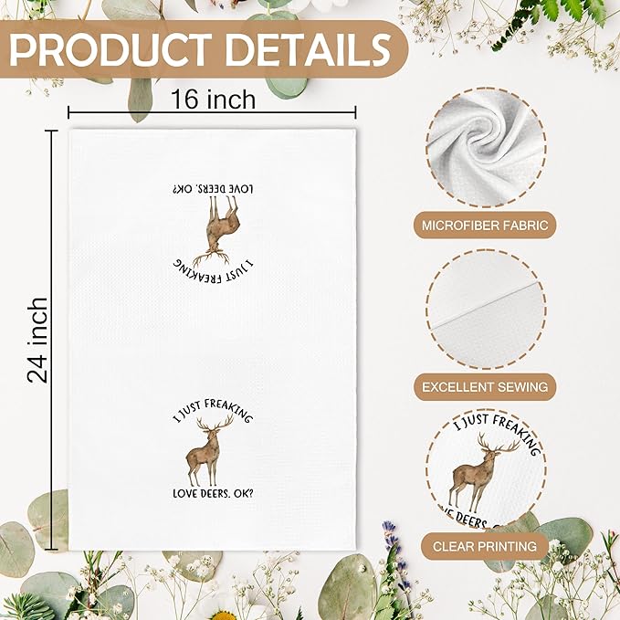 Funny Deer Kitchen Towels, Woodsy Deer Camper Cabin Bathroom Decor Decorations for Home, Rustic I Just Freaking Love Deers Dish Hand Tea Towels for Farmhouse Bathroom Kitchen, 16x24 Inch