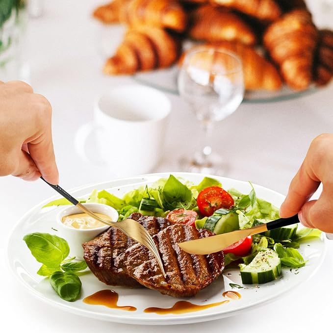 Gold Silverware Set for 8, MIKIWAY Matte Gold With Black Handle Flatware Set, 40 Pieces Stainless Steel Cutlery Tableware Set, Kitchen Utensils Set Include Spoons And Forks Set, Dishwasher Safe