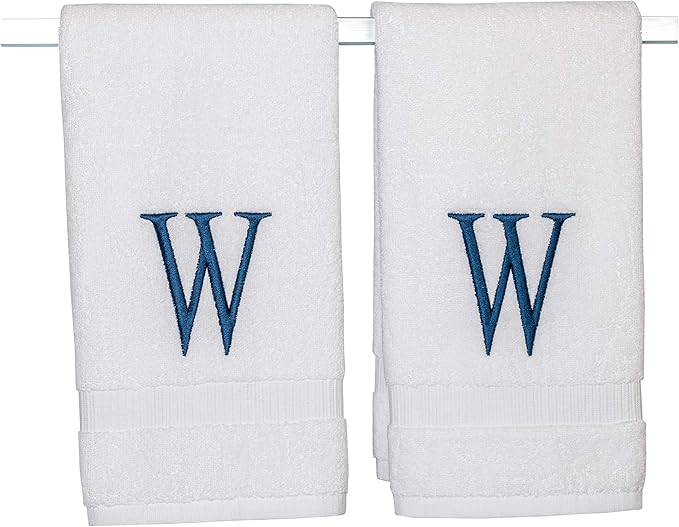 Monogrammed Hand Towels for Bathroom - Luxury Hotel Quality Personalized Initial Decorative Embroidered Bath Towel for Powder Room, Spa - GOTS Organic Certified - Set of 2 Navy Letter W