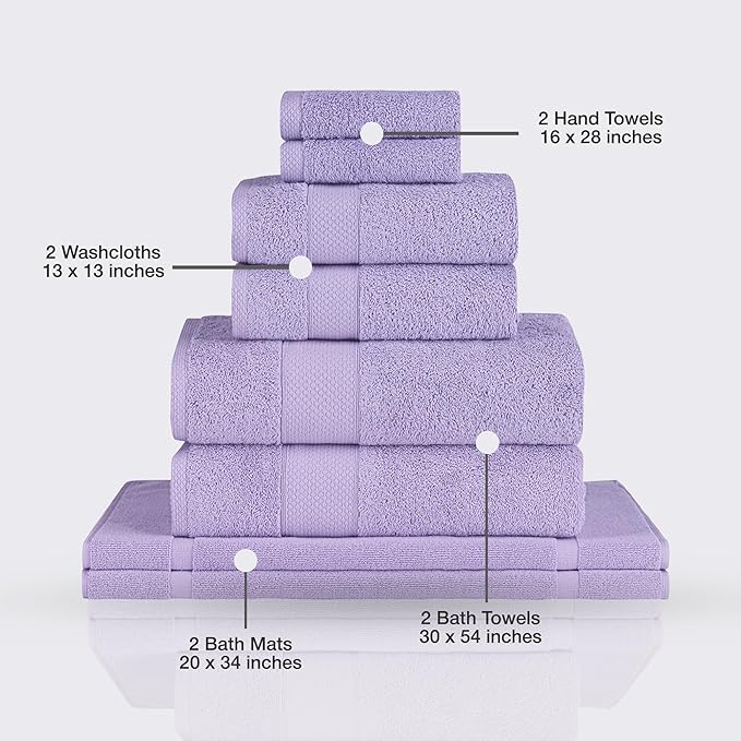 Towels Beyond - 8 Piece Luxury Towel Set, 100% Turkish Cotton, Includes 2 Bath Towels, 2 Hand Towels, 2 Washcloths & 2 Bath Mats, Highly Absorbent & Comfy Towels for Hotels & Spa | (Lilac)