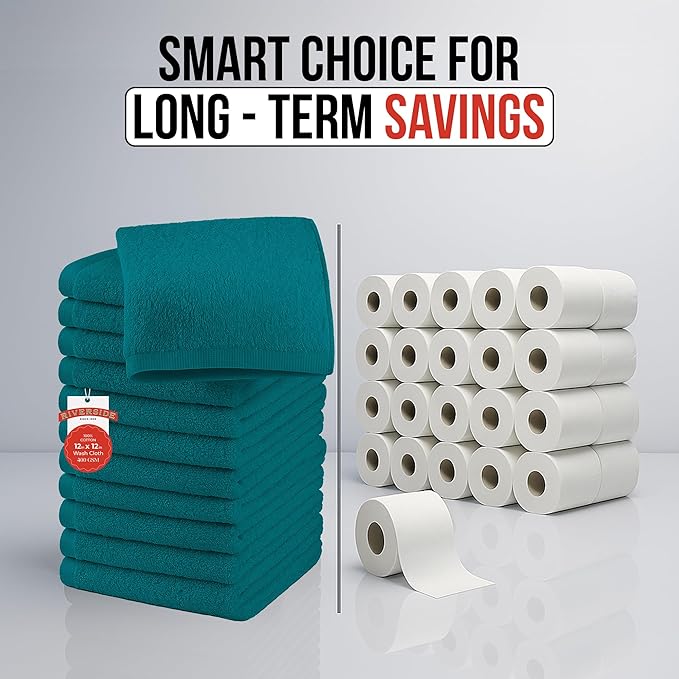 RIVERSIDE 12 Pack Washcloths - 12x12 Inches, 400 GSM, 100% Ring-Spun Cotton - Soft, Absorbent & Durable Face and Body Towels - for Bathroom, Spa, Gym, Makeup Removal & Everyday Use - Teal