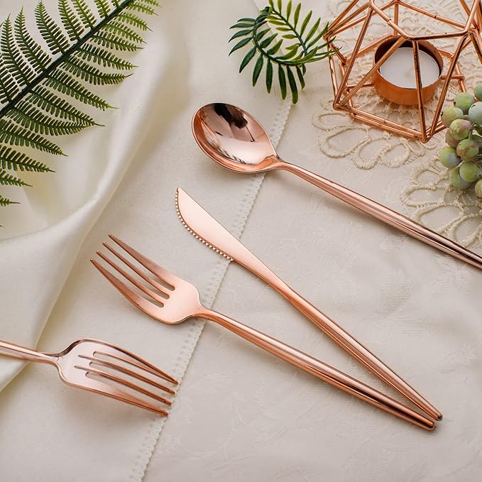 SUT 150Pcs Rose Gold Plastic Silverware, Disposable Cutlery Set, Heavy Duty Plastic Flatware Set，Disposable Rose Gold Utensils Include 50 Forks,50 Spoons, 50 Knives Perfect for Party