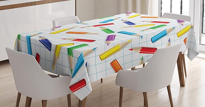 Ambesonne Cartoon Tablecloth, Colorful Pencils on Checkered Board Creativity Art Image, Rectangular Table Cover for Dining Room Kitchen Decor, 60" X 84", Blue Green