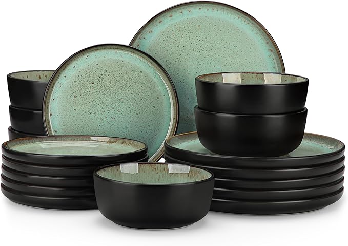 vancasso Plates and Bowls Sets, 18 Pieces Stoneware Dinnerware Sets for 6, Kitchen Dish Set Mircowave and Dishwasher Safe Ceramic Dishware, Turf Green, Series AMBER