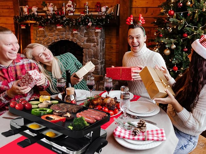 TAMARIT Raclette Table Grill Portable 3 in 1 Korean Barbecue BBQ Electric Indoor Griddle with Non-Stick Reversible Plate and Cooking Stone for Steak 1400W Raclette Grill for 8 Person, Black